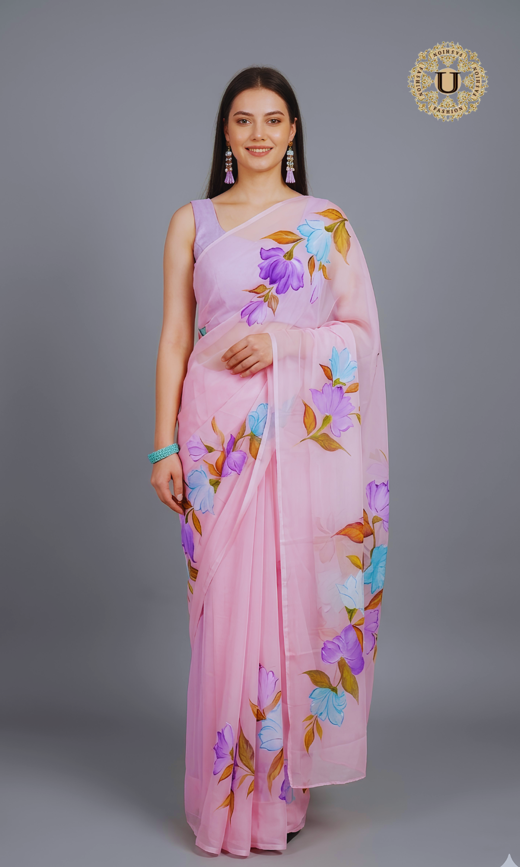 Pink Hand Painted Chiffon Saree