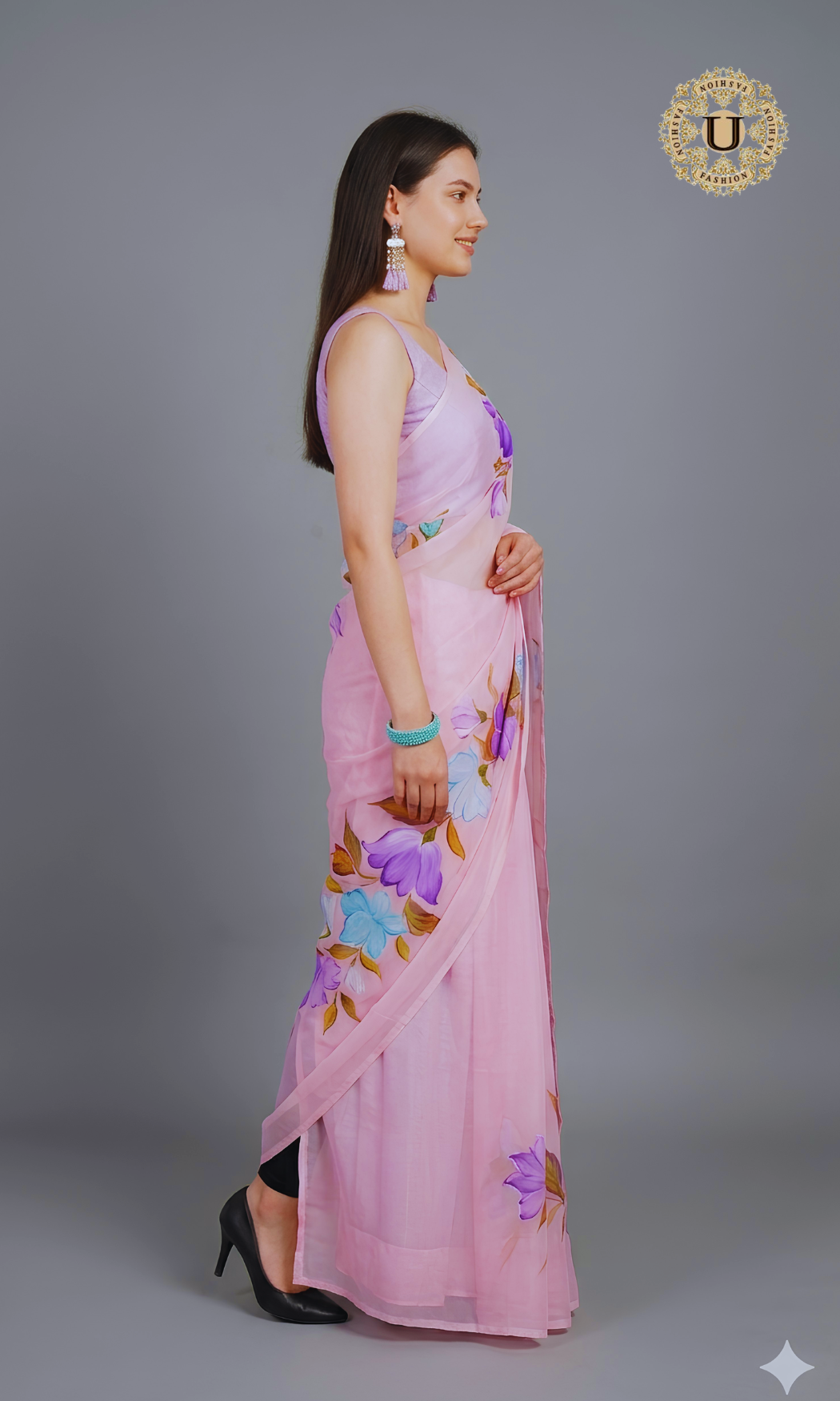 Pink Hand Painted Chiffon Saree