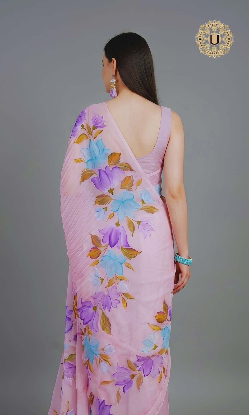 Pink Hand Painted Chiffon Saree