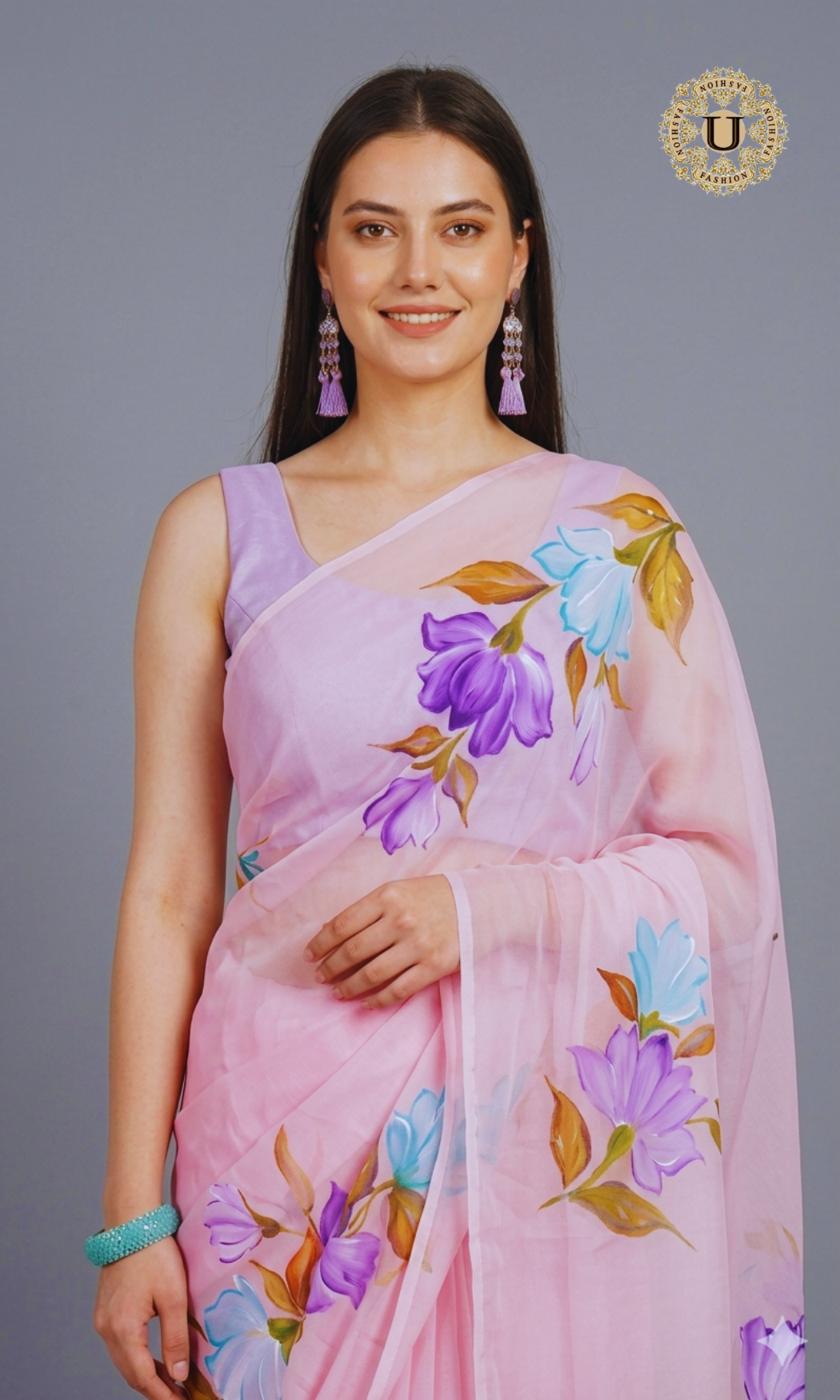 Pink Hand Painted Chiffon Saree
