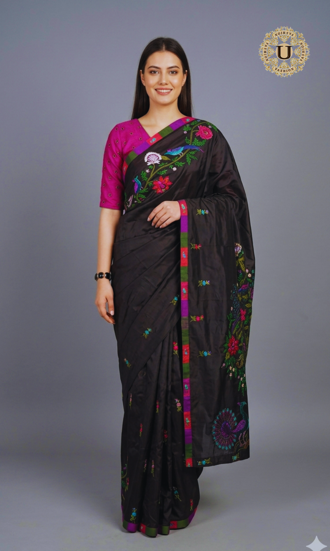 Black Silk Embroidery Work Saree