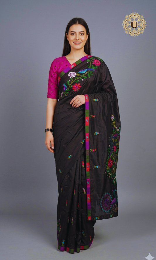 Black Silk Embroidery Work Saree