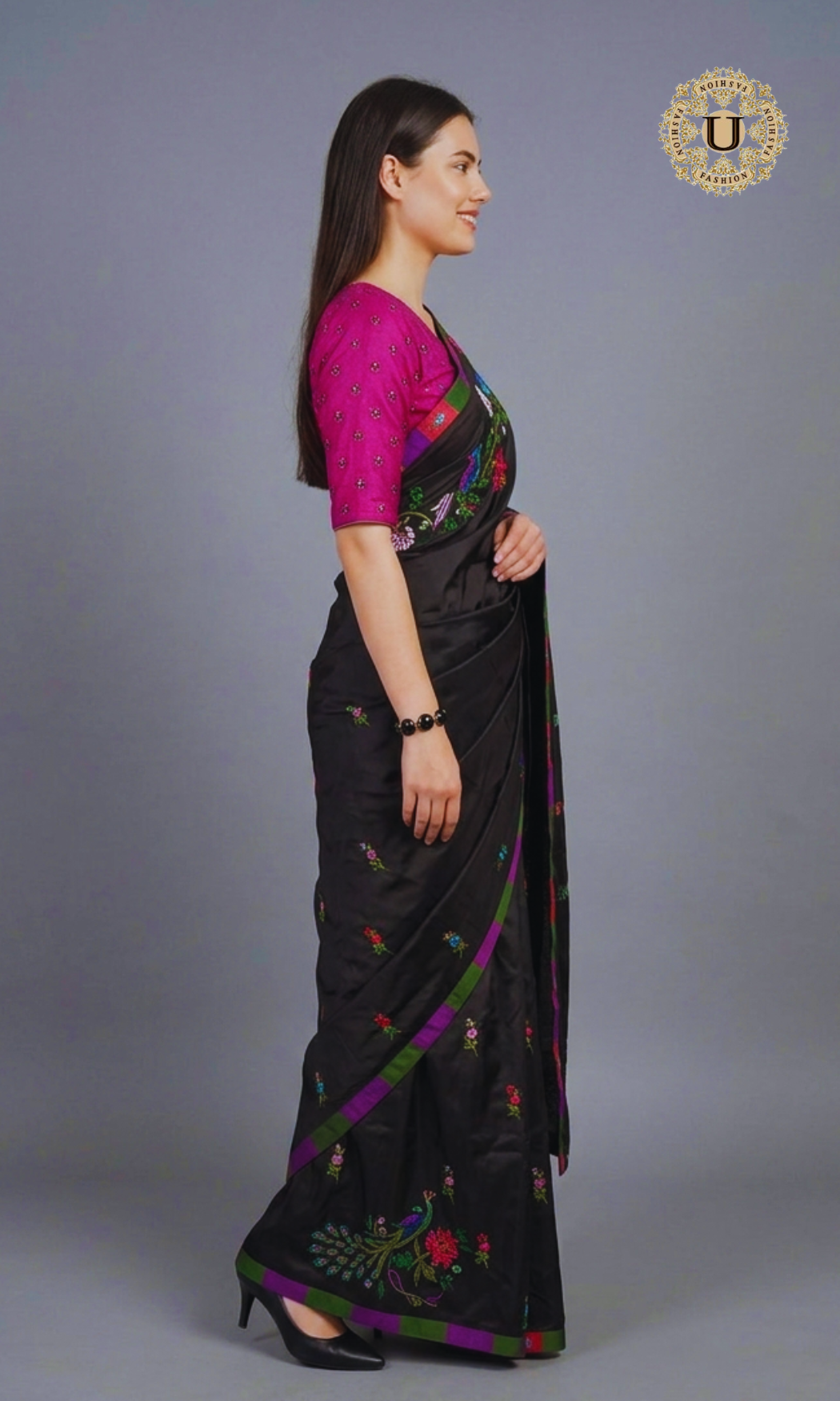 Black Silk Embroidery Work Saree