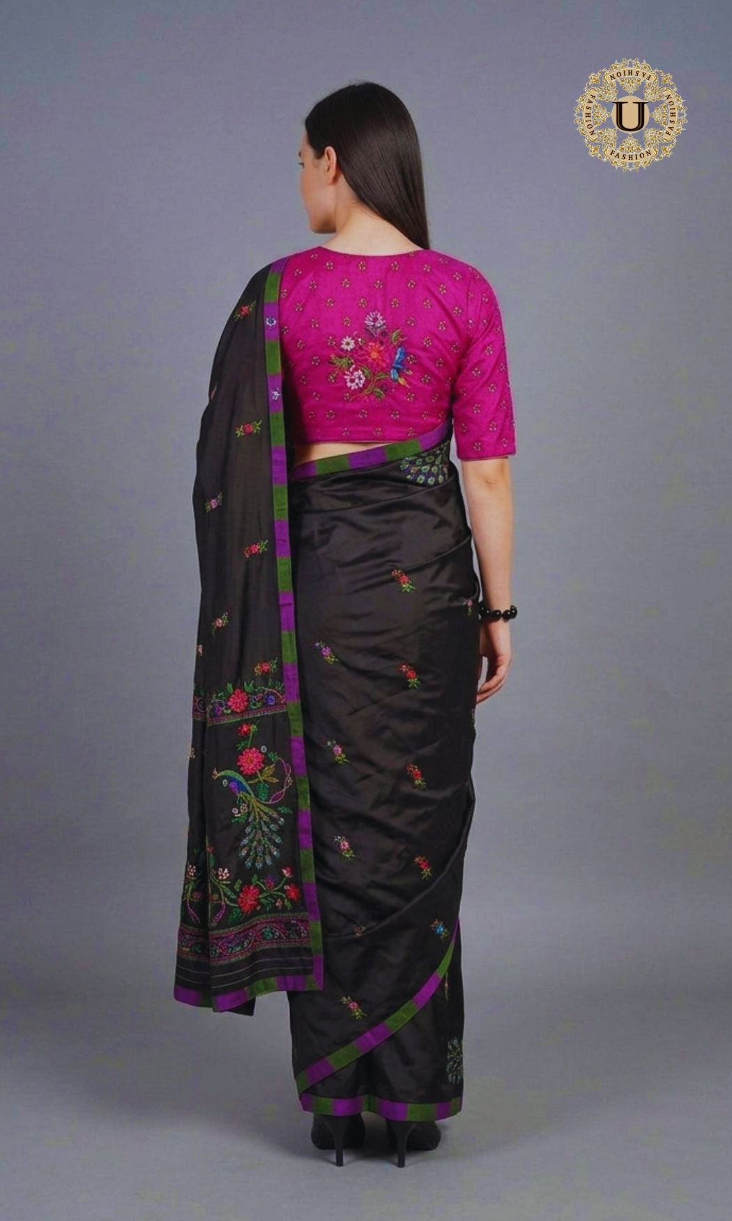 Black Silk Embroidery Work Saree