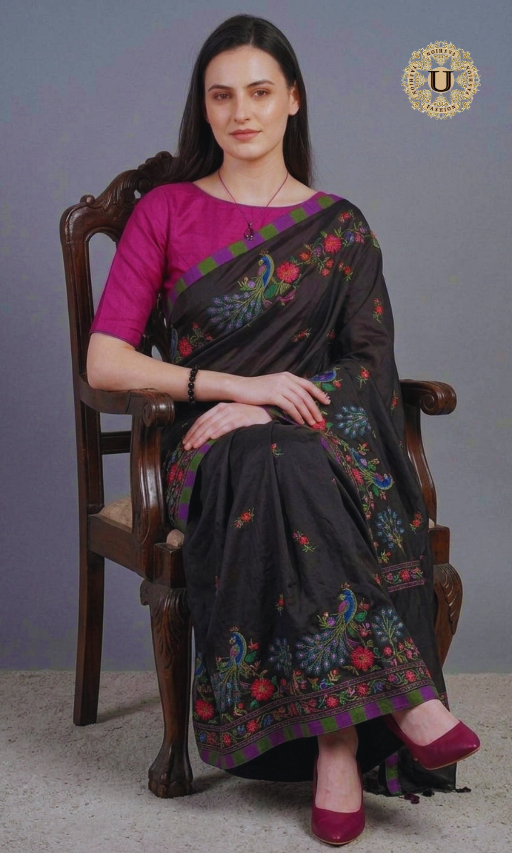 Black Silk Embroidery Work Saree