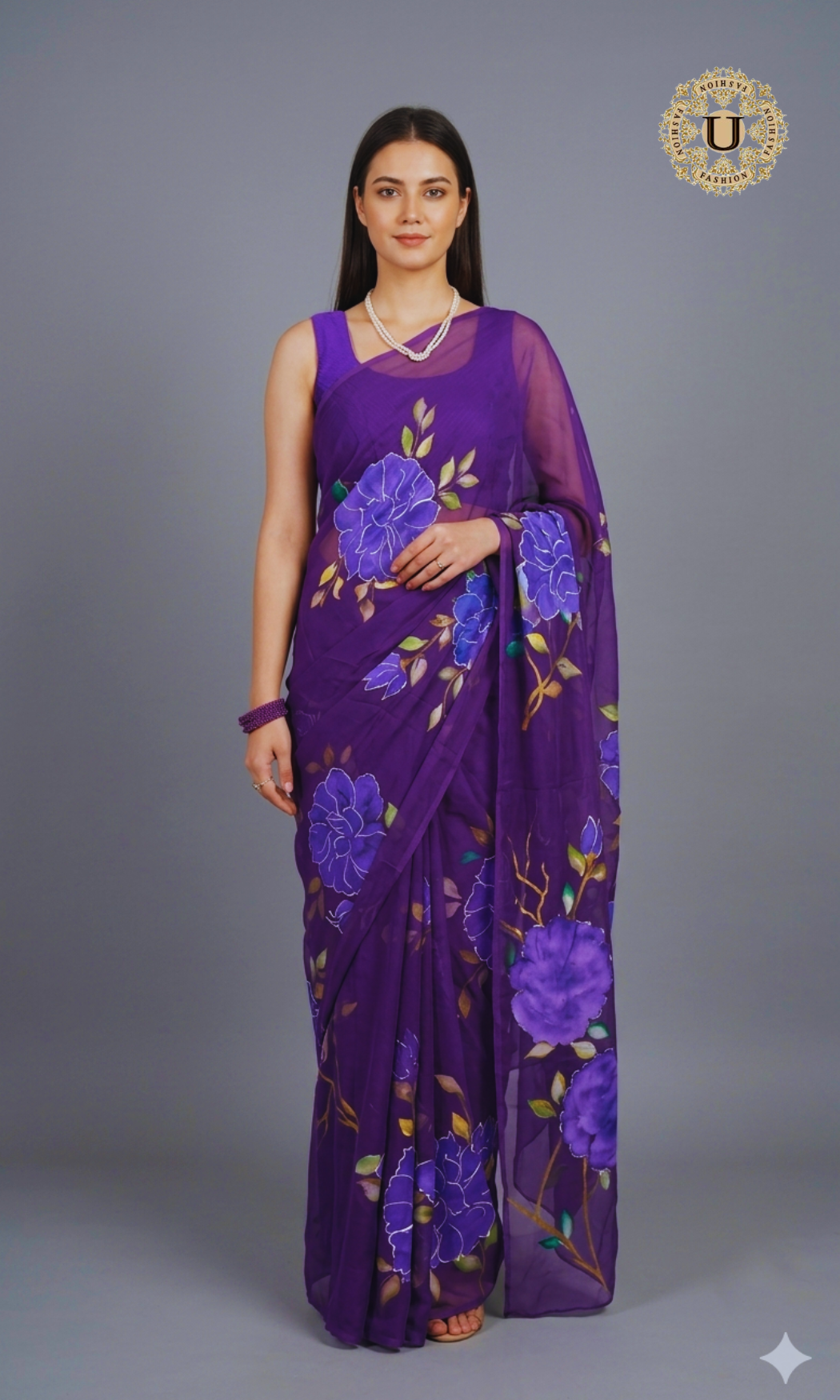Purple Hand Painted Chiffon Saree