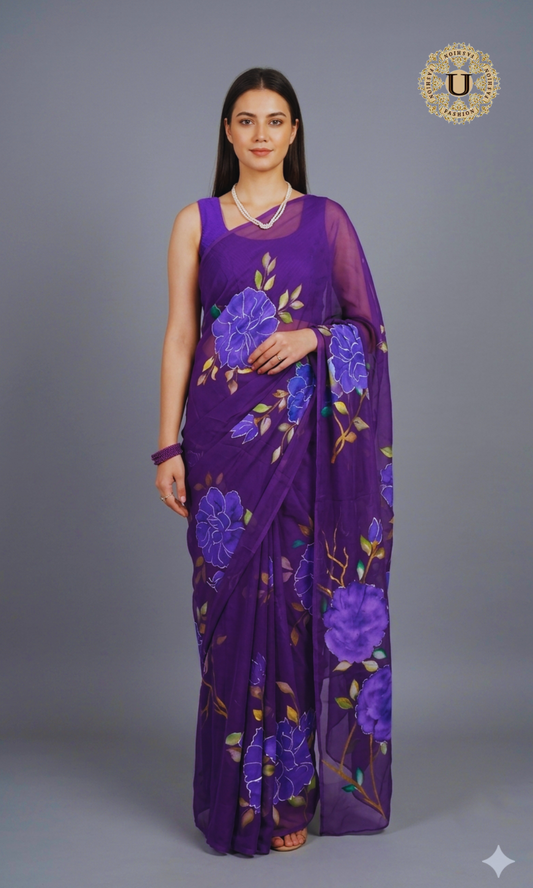 Purple Hand Painted Chiffon Saree