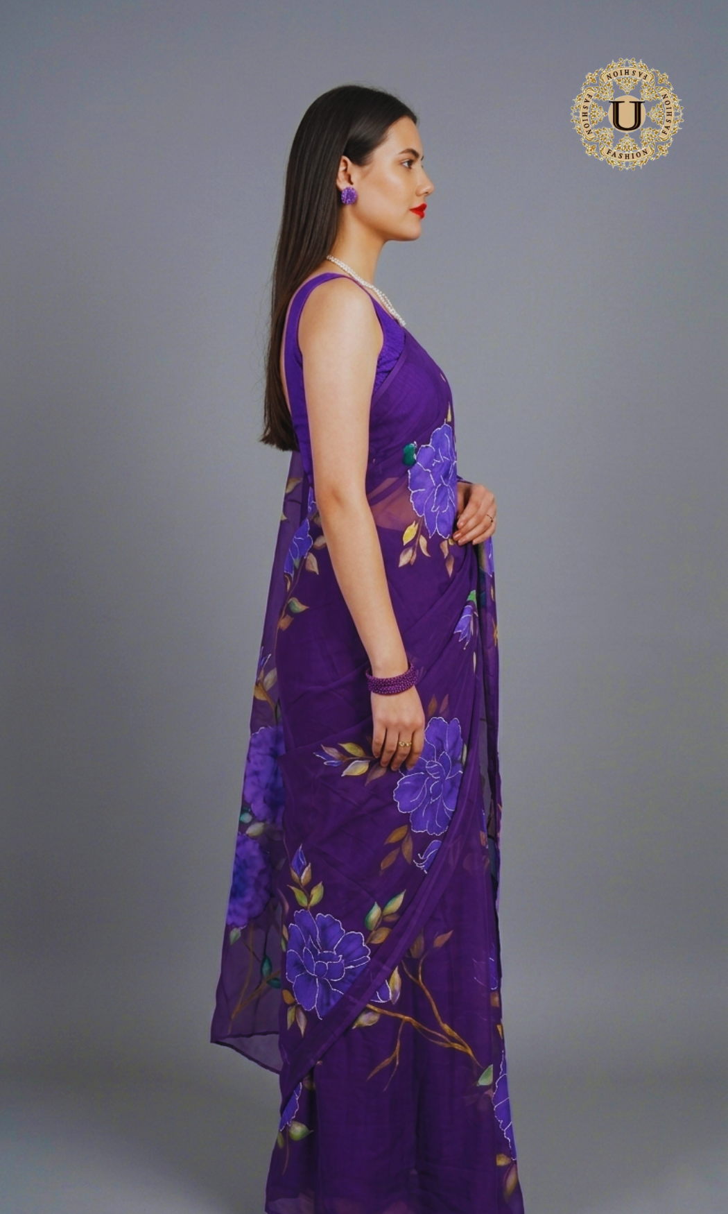 Purple Hand Painted Chiffon Saree