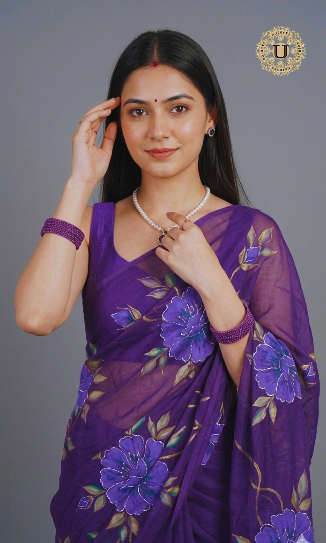 Purple Hand Painted Chiffon Saree