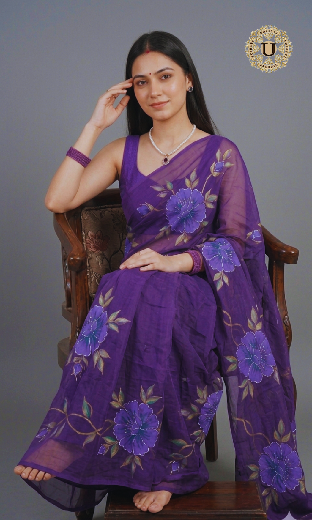 Purple Hand Painted Chiffon Saree