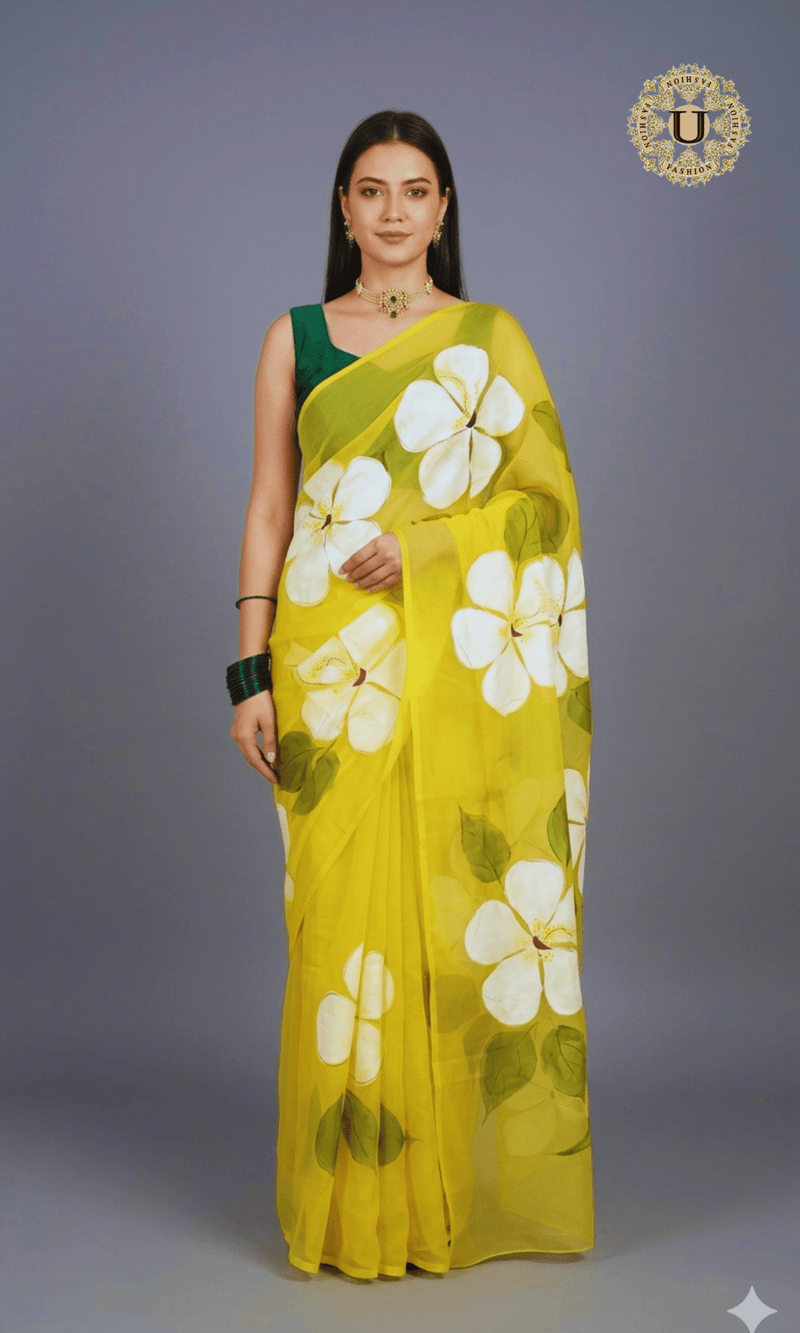 Yellow Hand Painted Chiffon Saree Free size U fashion