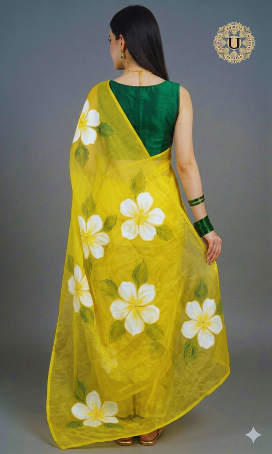 Yellow Hand Painted Chiffon Saree