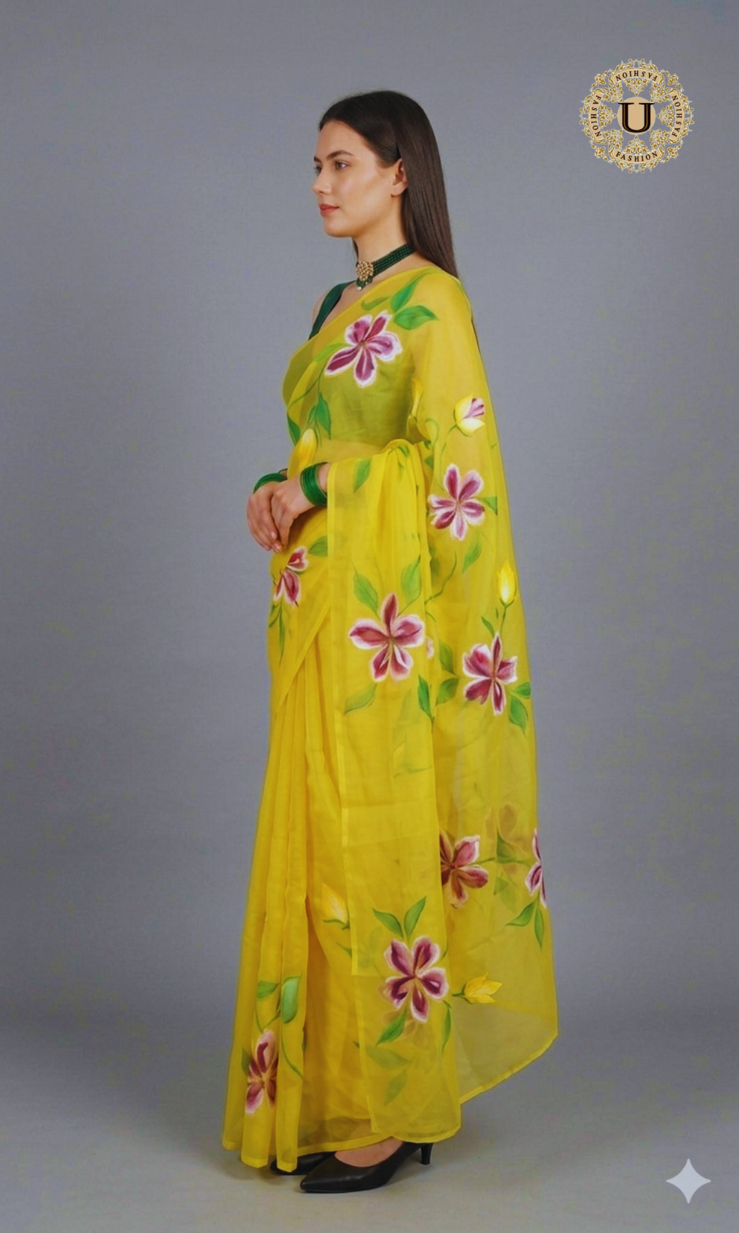 Yellow Hand Painted Chiffon Saree