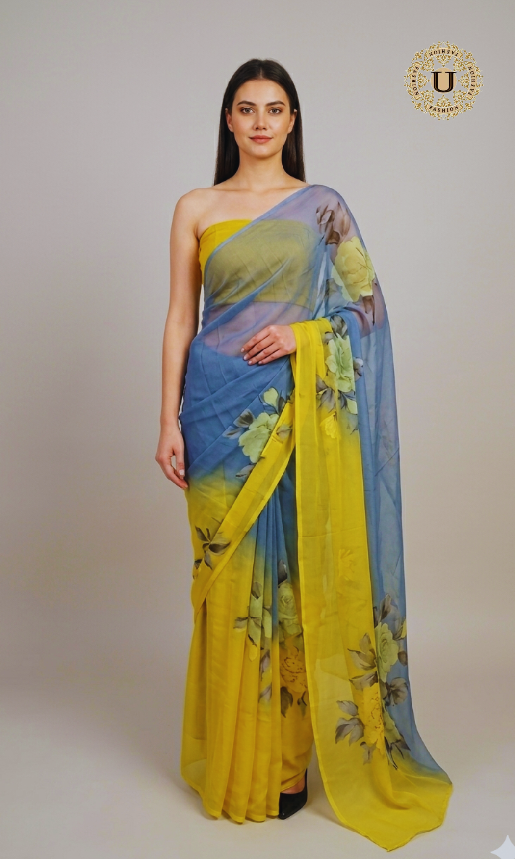 Yellow Grey Hand Painted Chiffon Saree