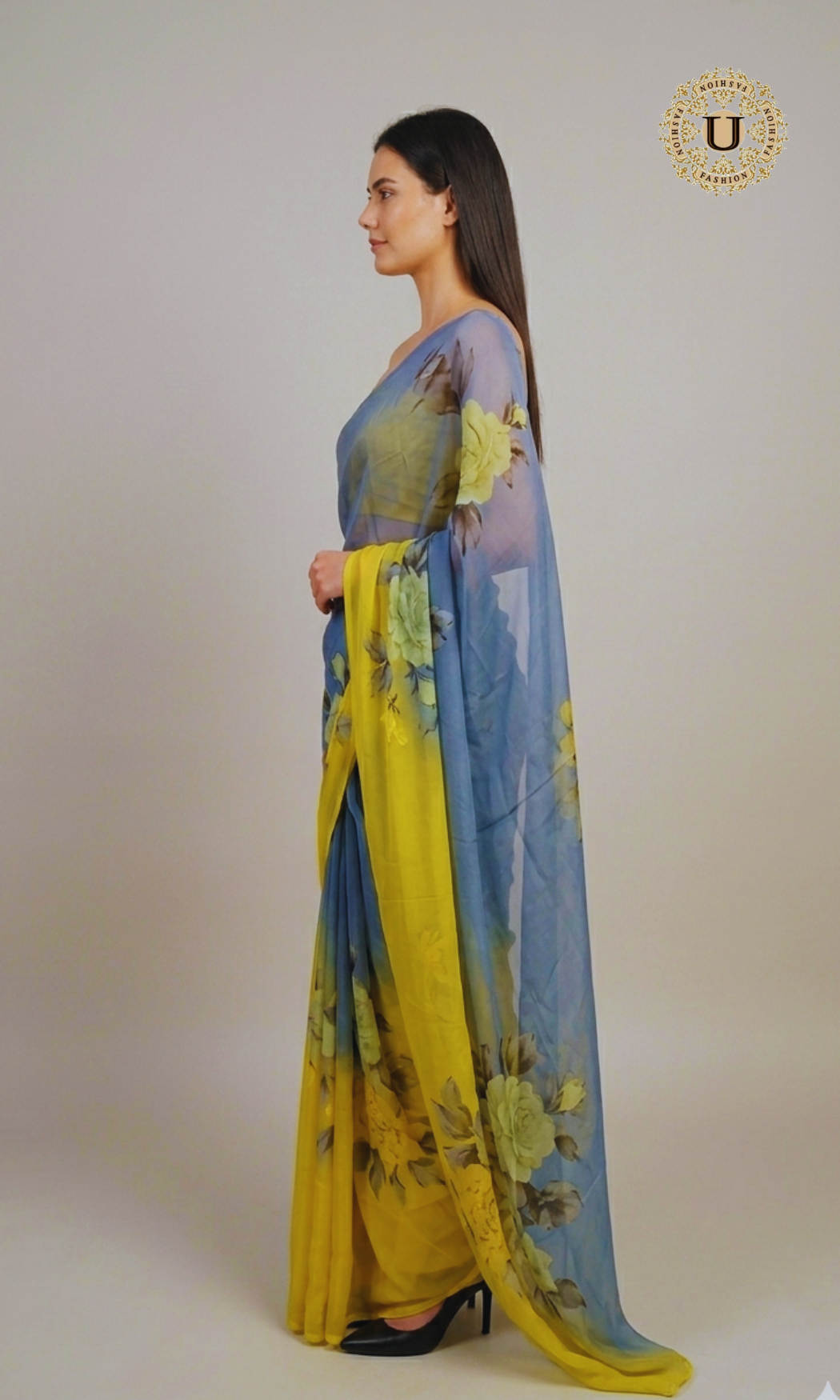 Yellow Grey Hand Painted Chiffon Saree