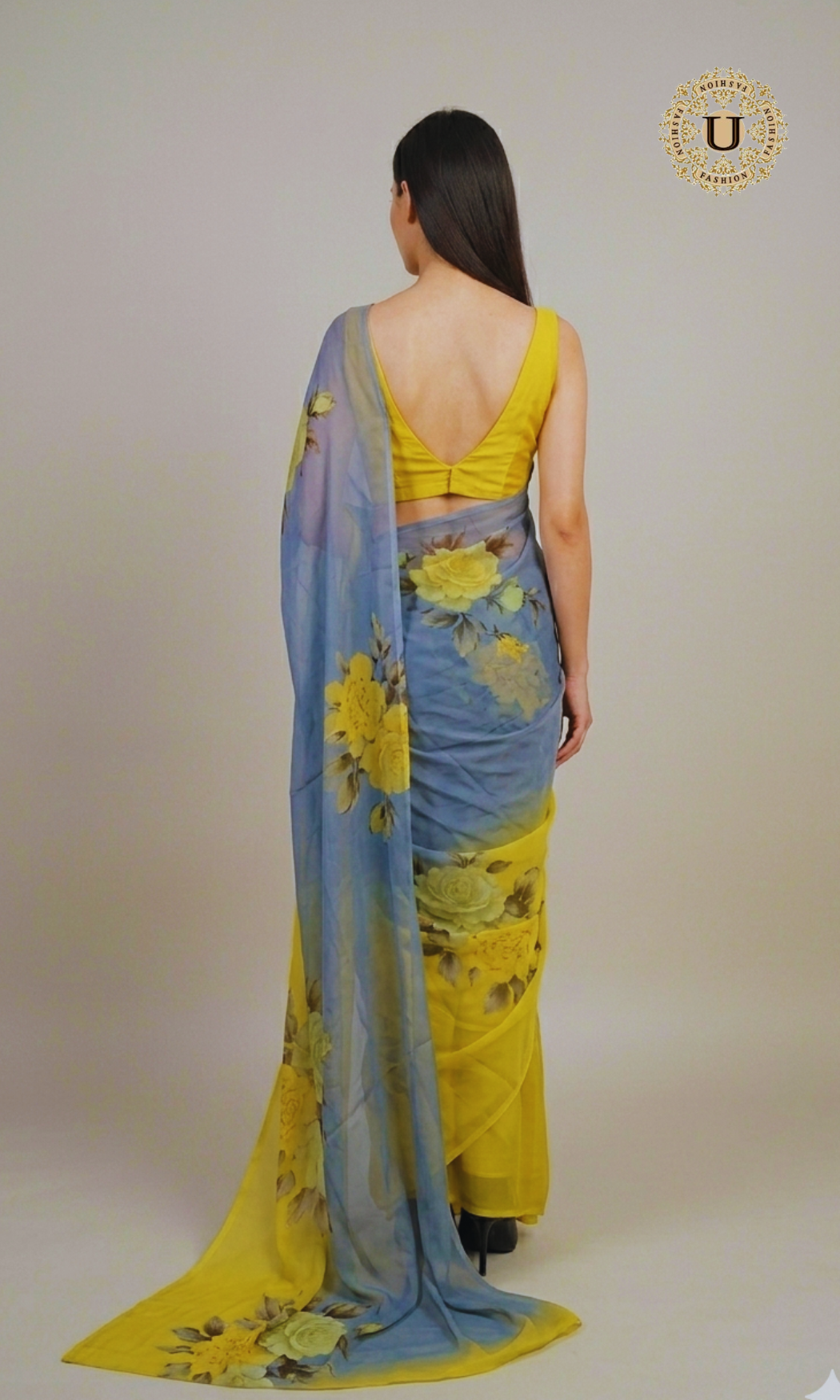 Yellow Grey Hand Painted Chiffon Saree