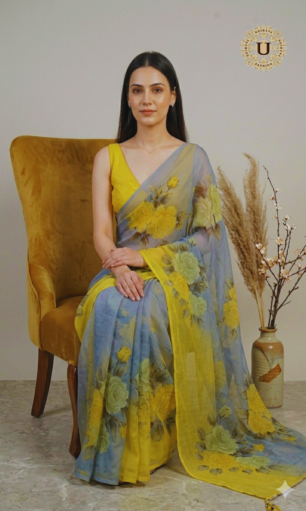 Yellow Grey Hand Painted Chiffon Saree