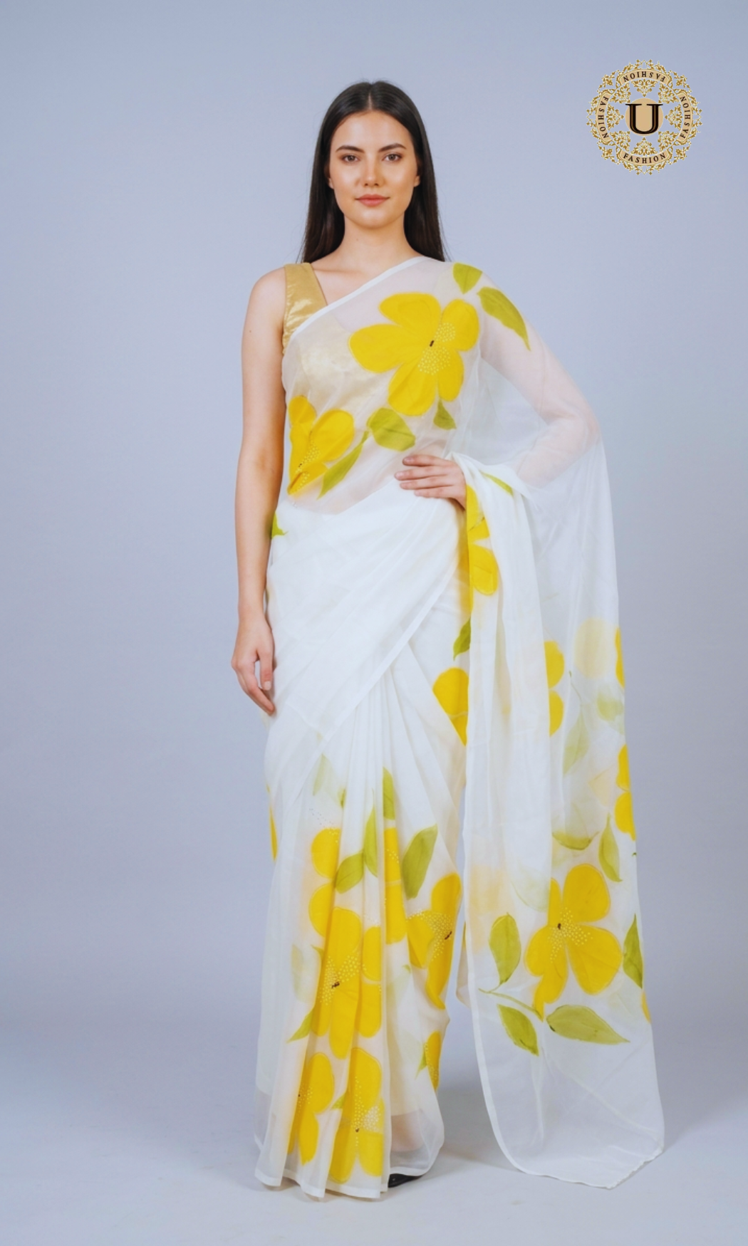 White Hand Painted Chiffon Saree