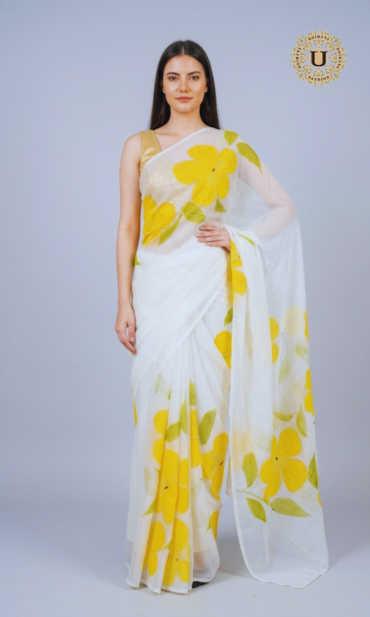 White Hand Painted Chiffon Saree