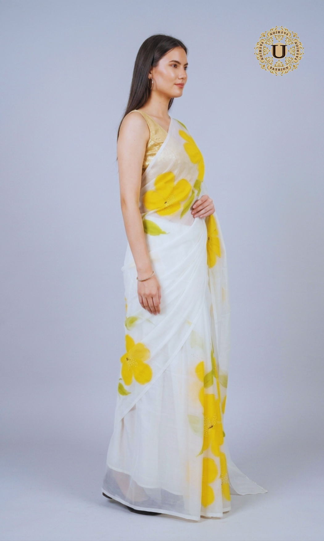 White Hand Painted Chiffon Saree
