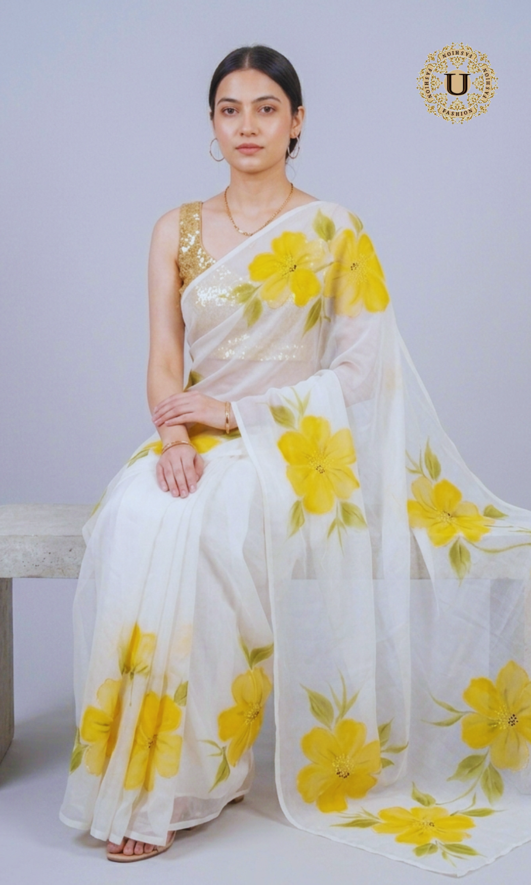 White Hand Painted Chiffon Saree