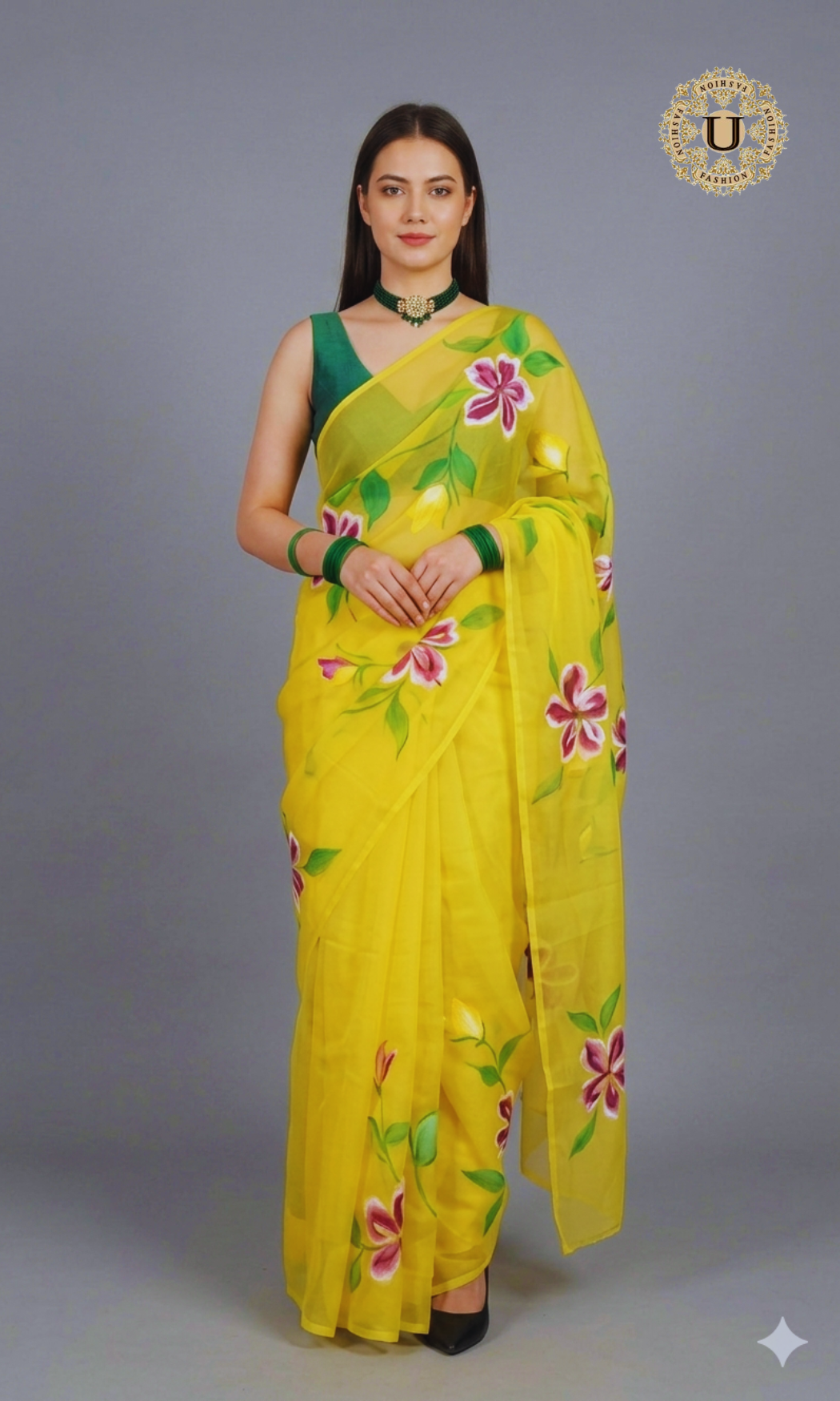 Yellow Hand Painted Chiffon Saree