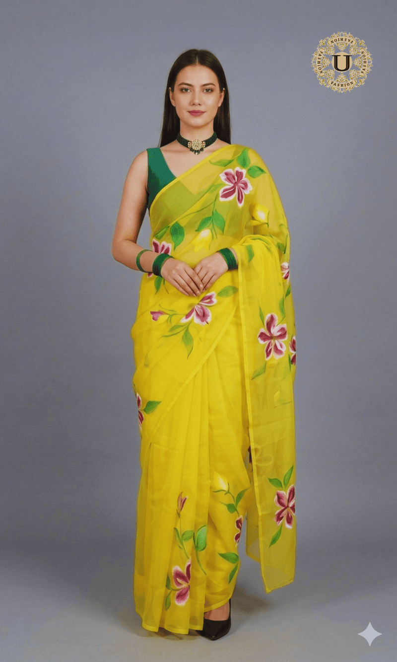 Yellow Hand Painted Chiffon Saree U fashion