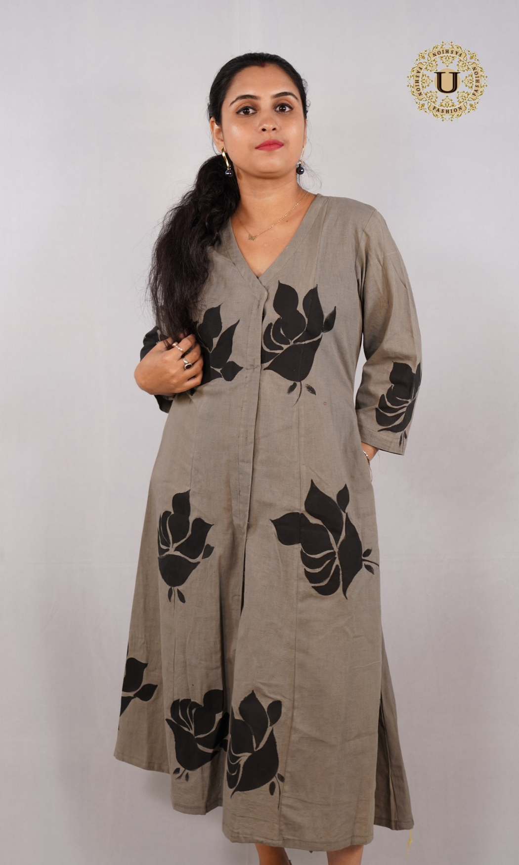 Grey & Black Hand Painted Cotton Maxi Dress
