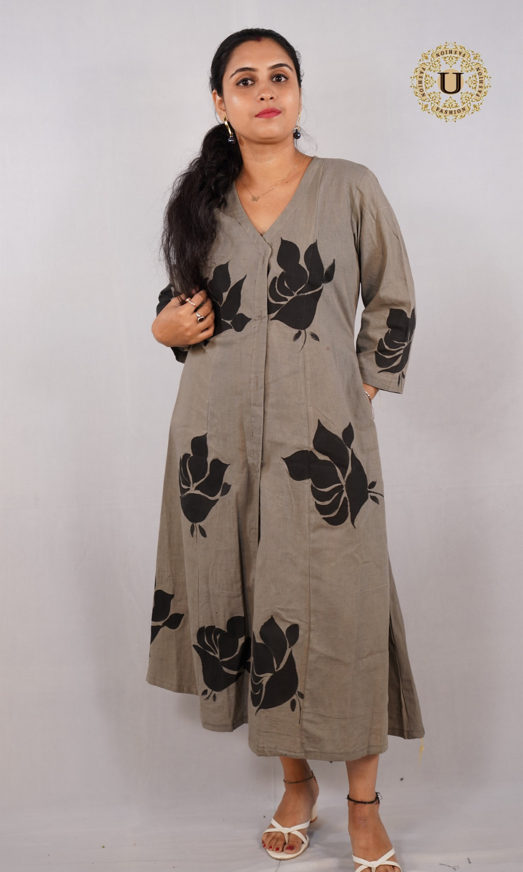 Grey & Black Hand Painted Cotton Maxi Dress