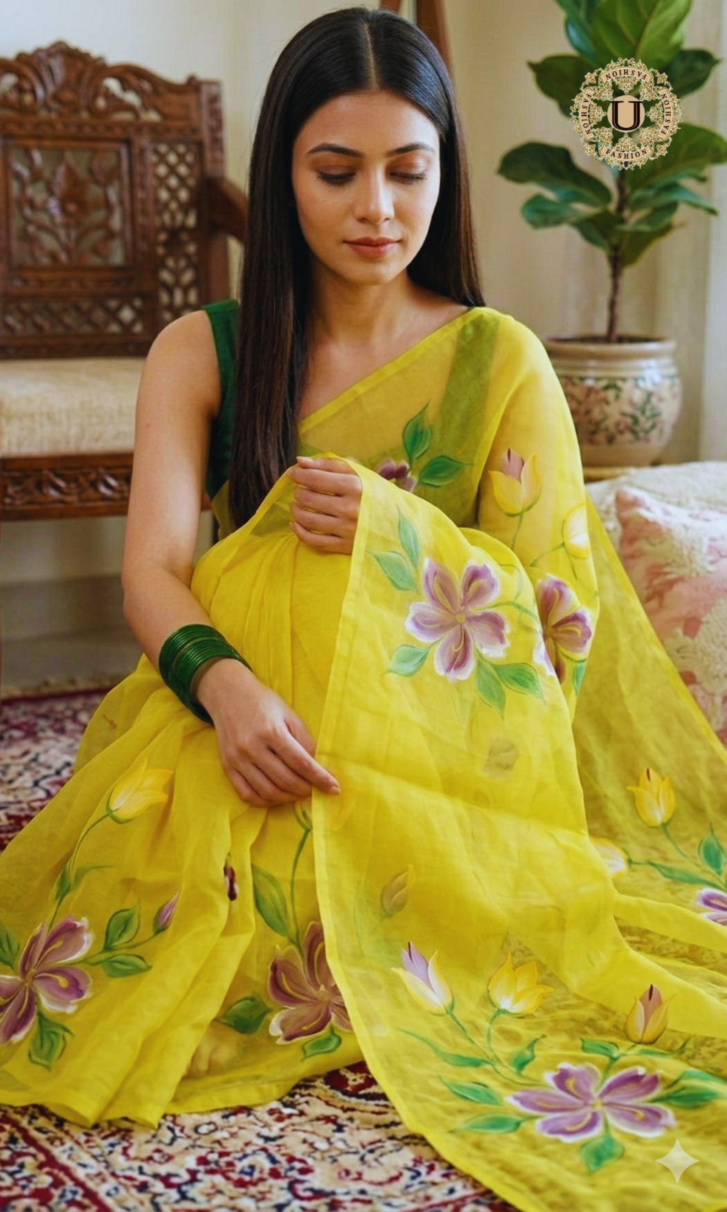 Yellow Hand Painted Chiffon Saree