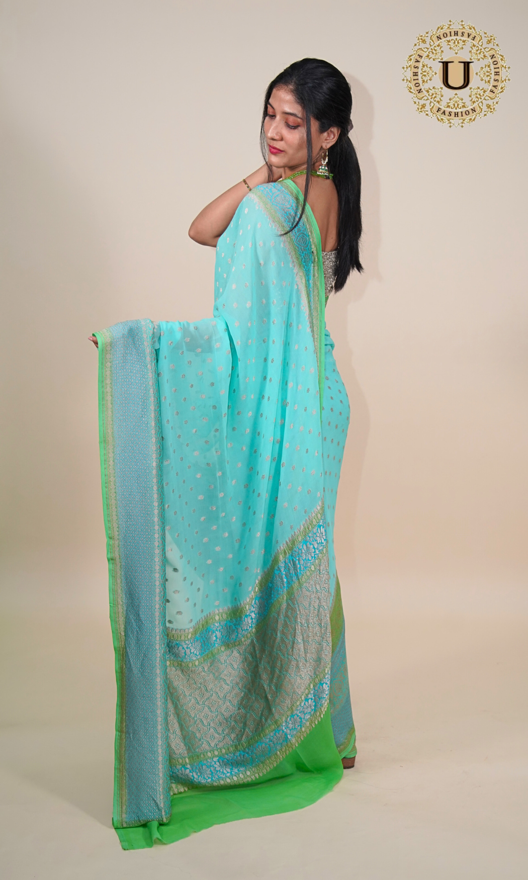 Torquoise Blue Banaras Georgette Saree