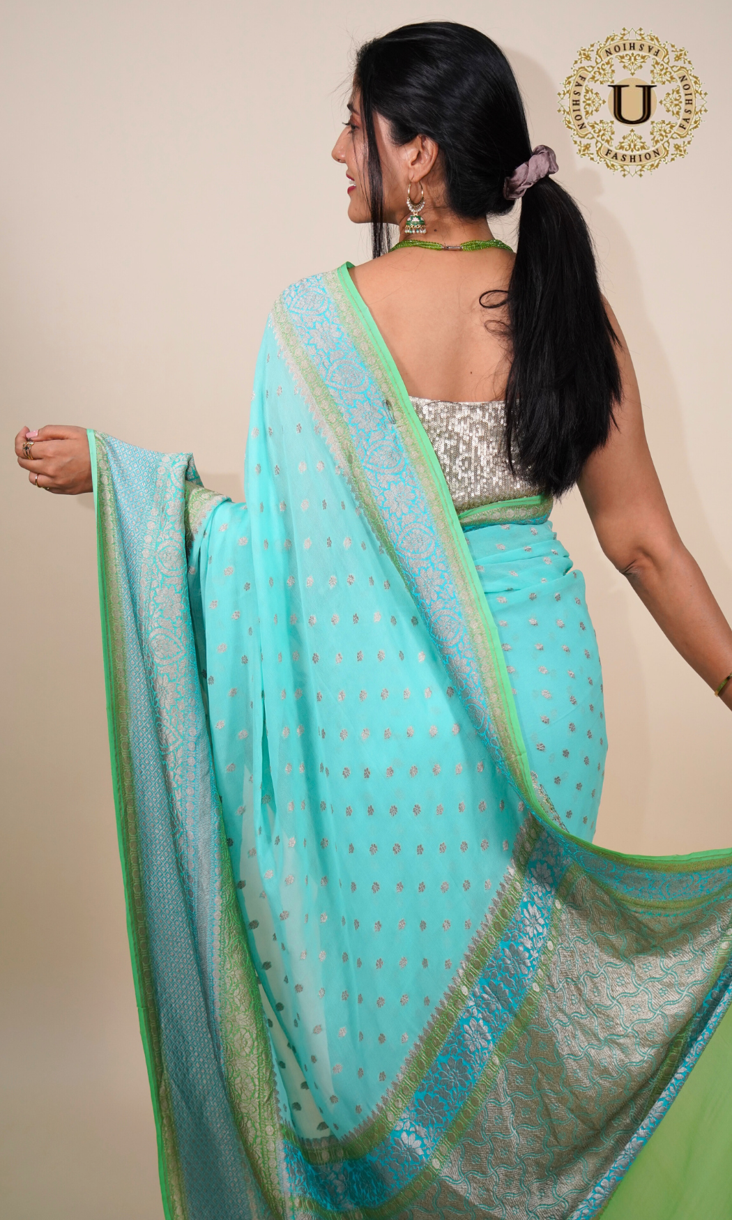 Torquoise Blue Banaras Georgette Saree