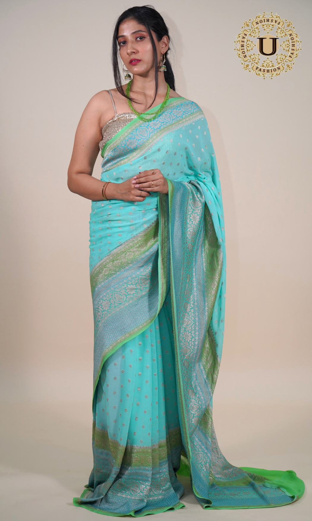 Torquoise Blue Banaras Georgette Saree