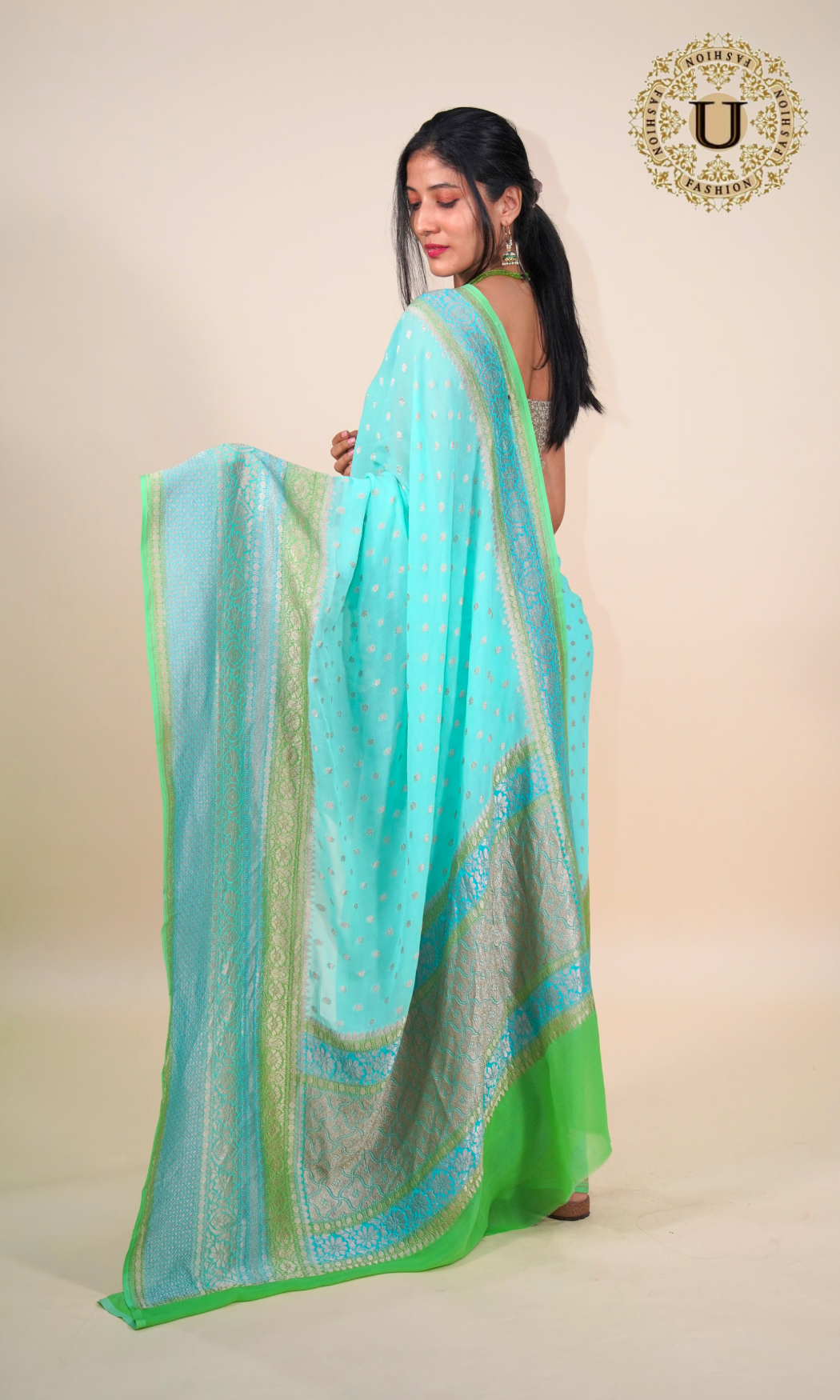Torquoise Blue Banaras Georgette Saree