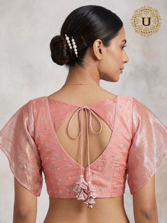 Soft Pink Glass Tissue Ruffle Sleeves Designer Blouse