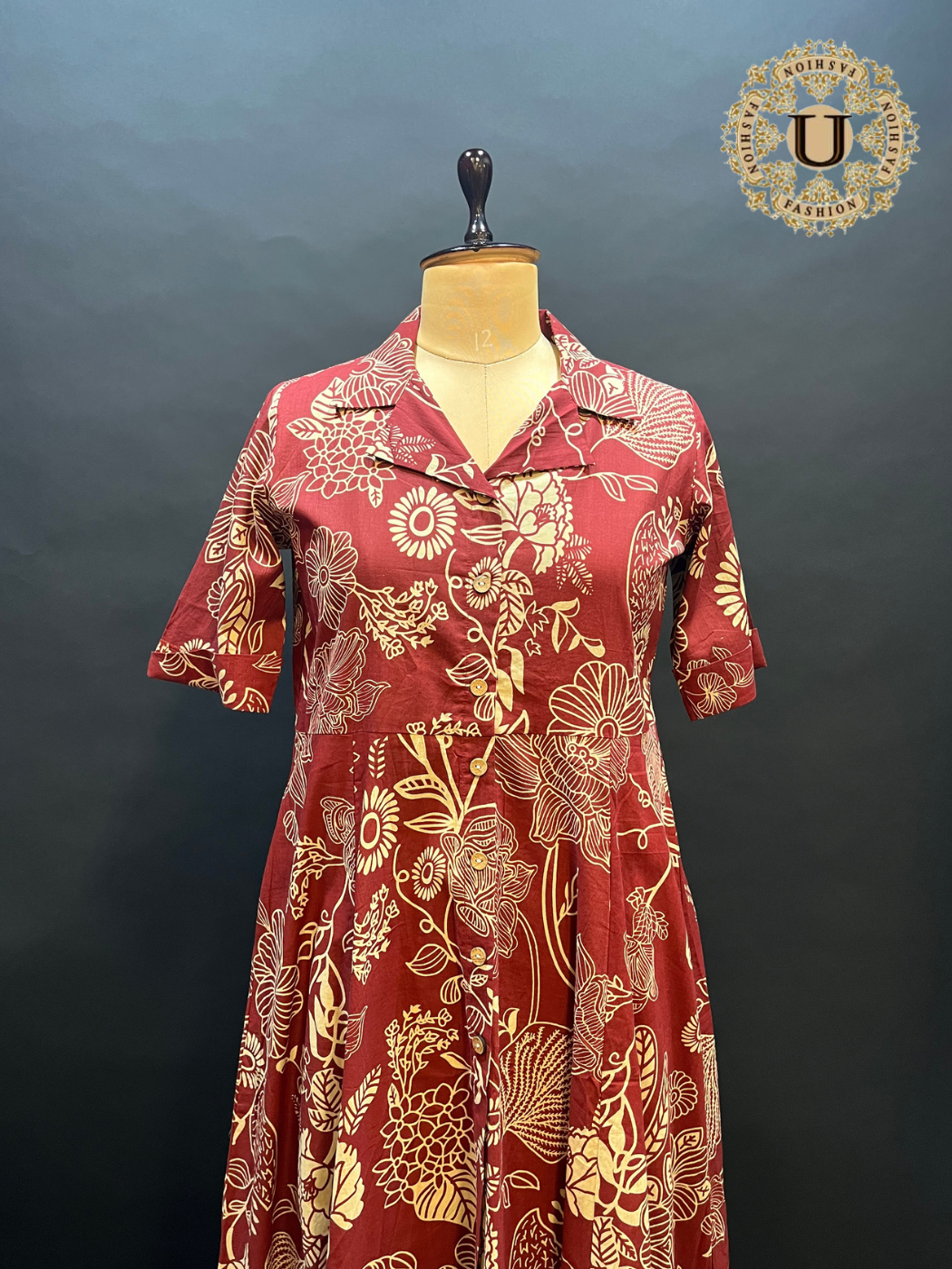 Rust Printed Cotton With Shirt Collar Long Kurti