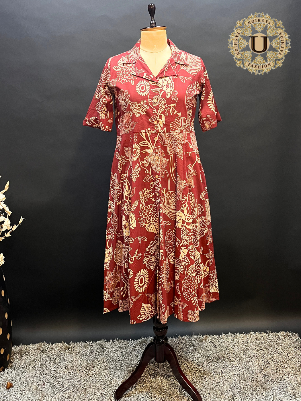 Rust Printed Cotton With Shirt Collar Long Kurti