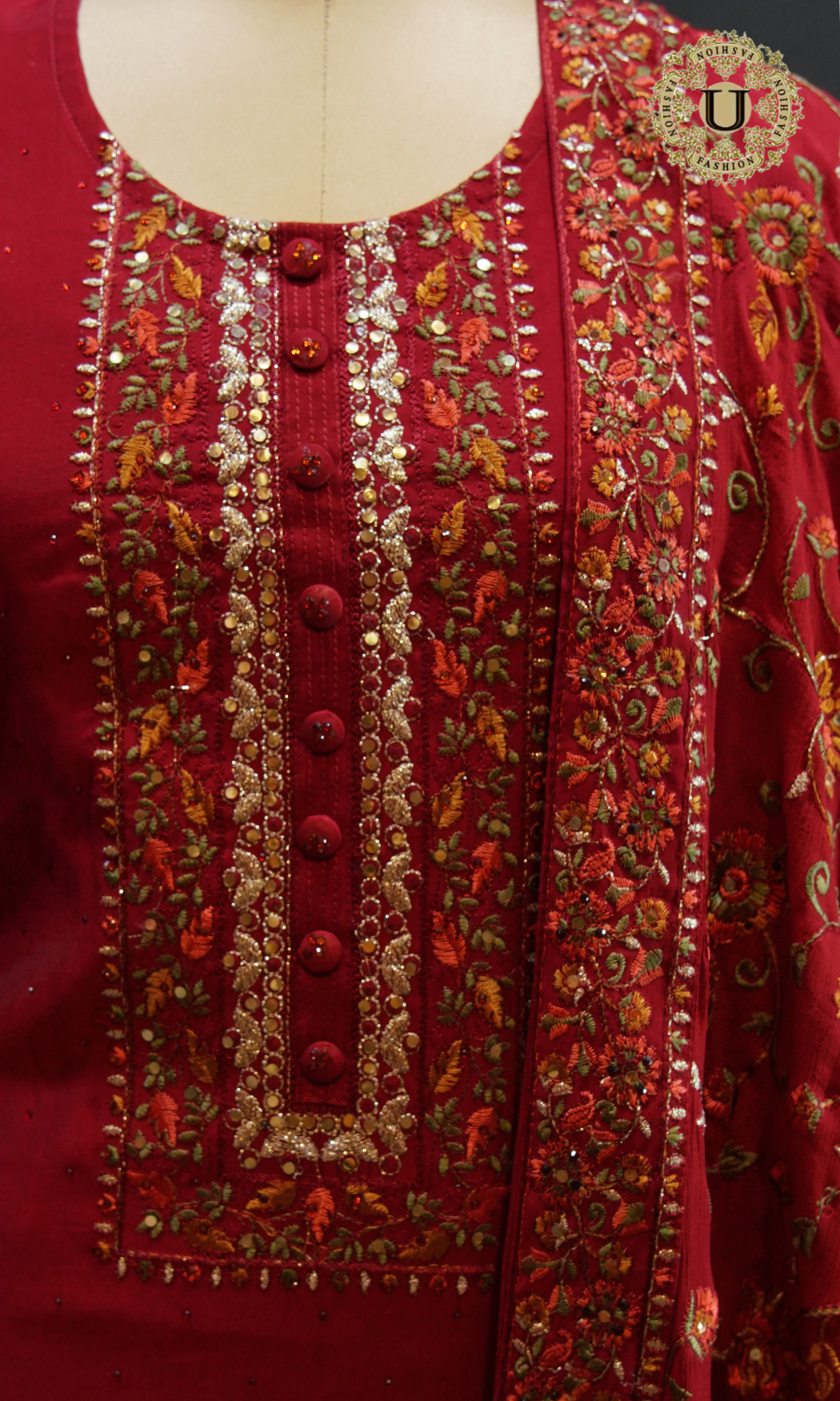 Red Blended Crape Thread and Zari Embroidered Un Stiched Suit