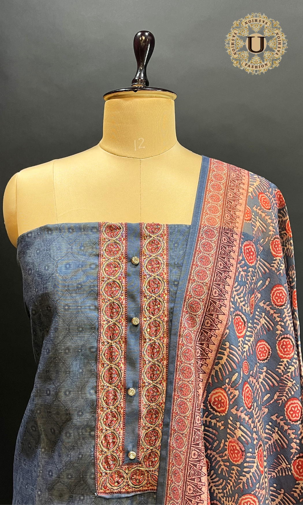 Grey Embroidered Chanderi Un Stitched Suit