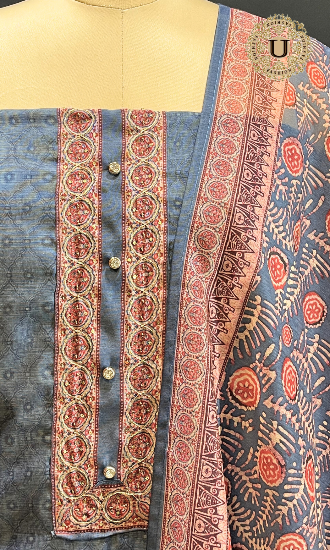 Grey Embroidered Chanderi Un Stitched Suit