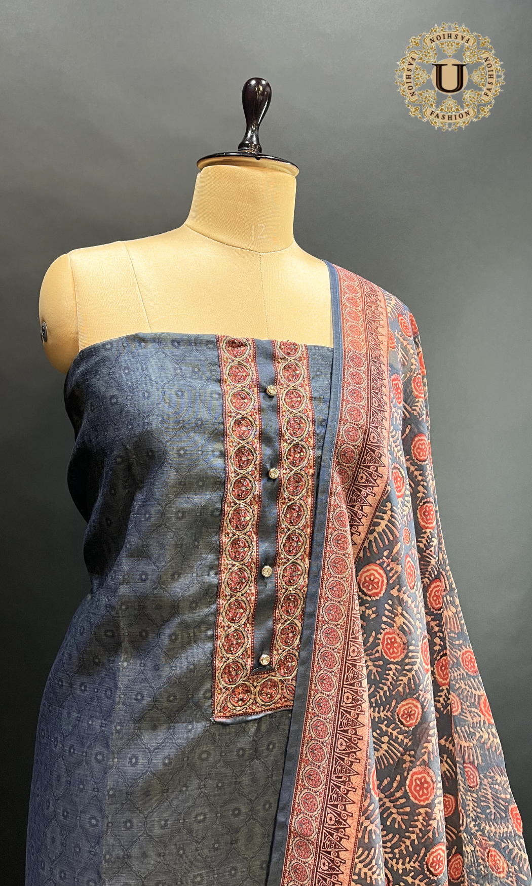Grey Embroidered Chanderi Un Stitched Suit