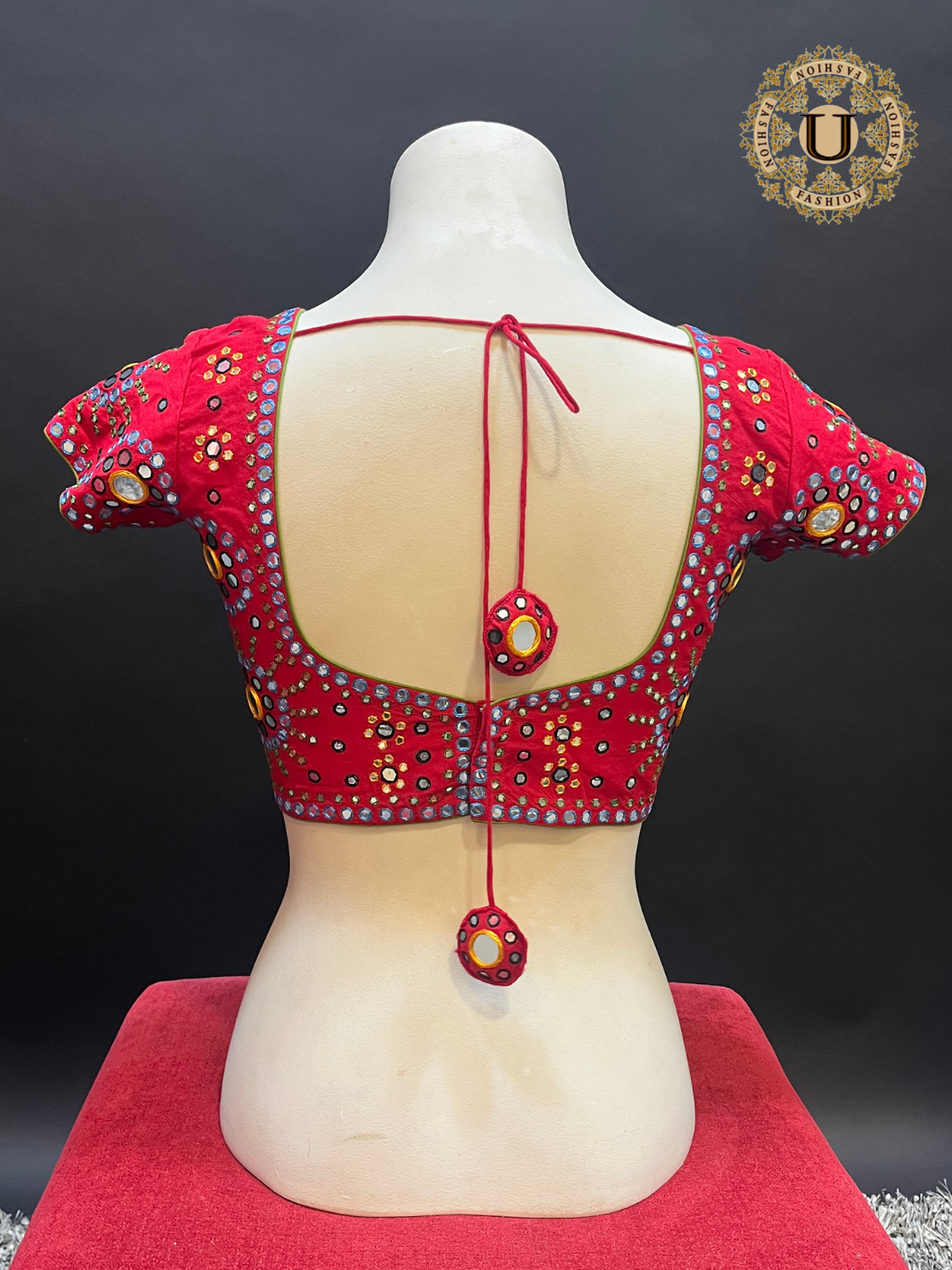 Red Hand Embroidered Mirror work Blouse
