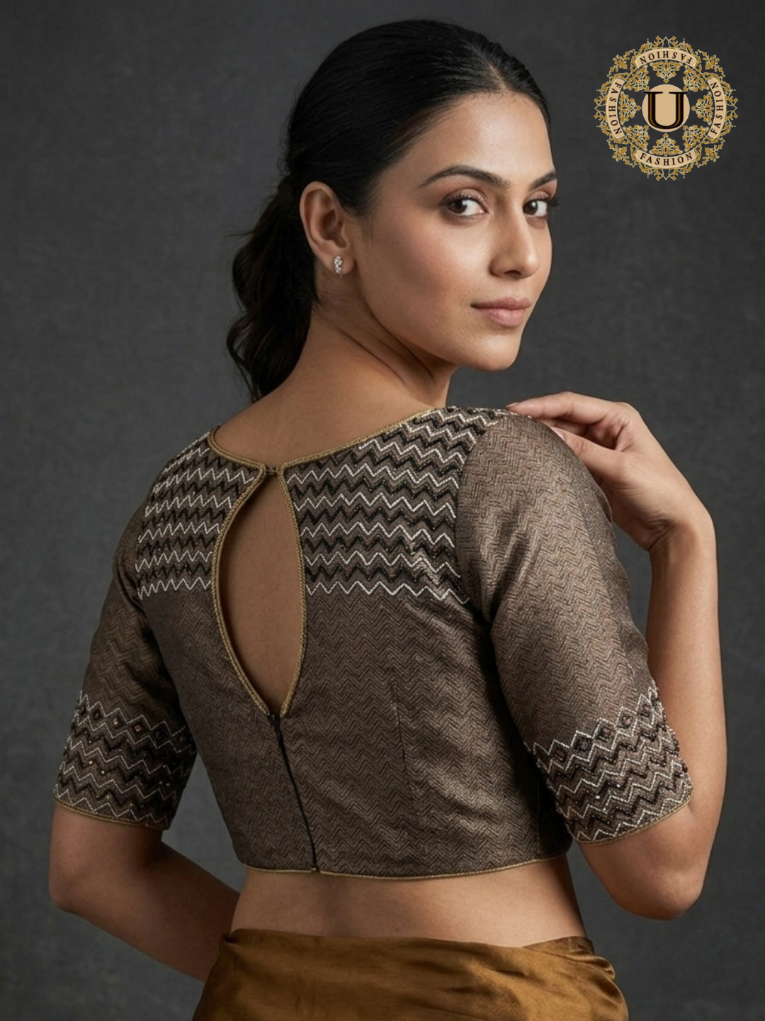 Antique Zari Brown Boat Neck Blouse