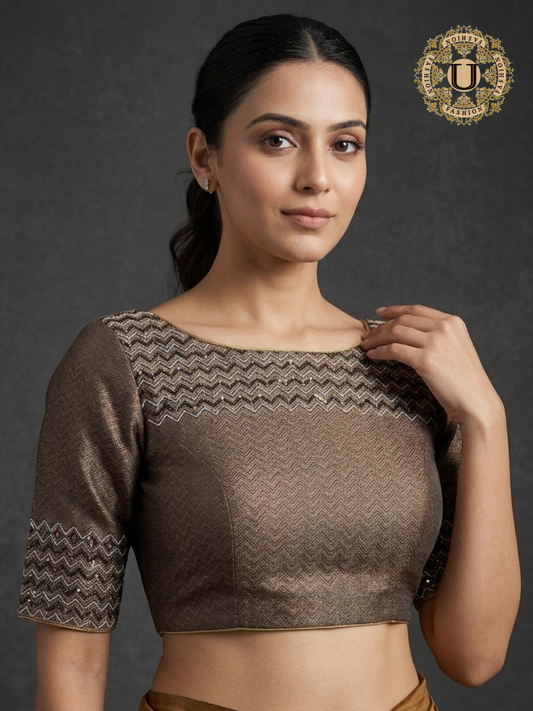 Antique Zari Brown Boat Neck Blouse