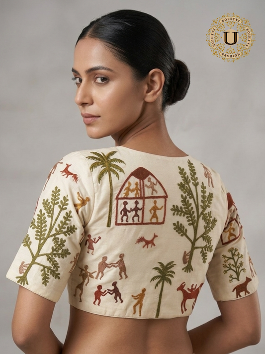 Cream Spun Silk Blouse with Warli Art Embroidery