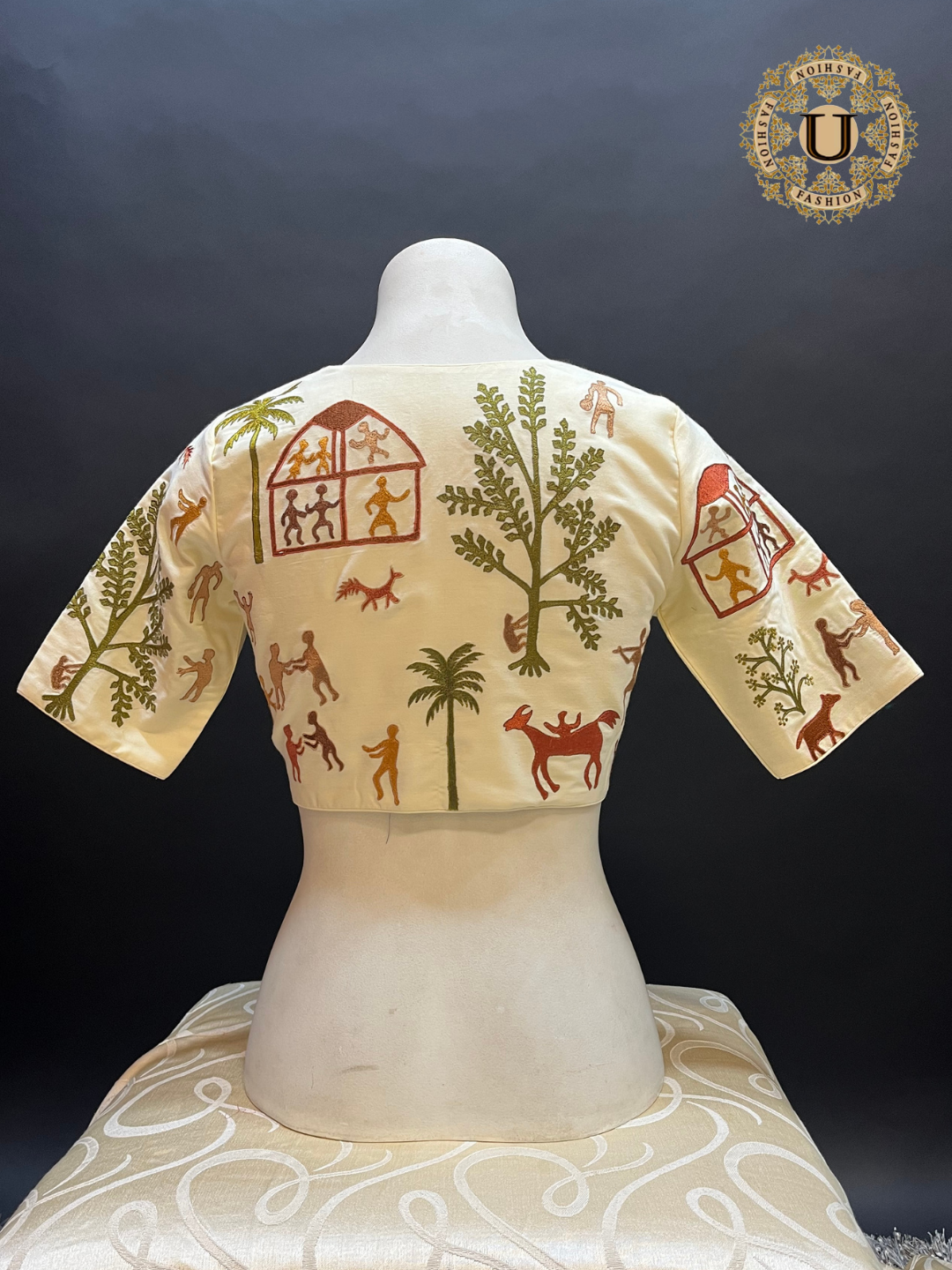 Cream Spun Silk Blouse with Warli Art Embroidery