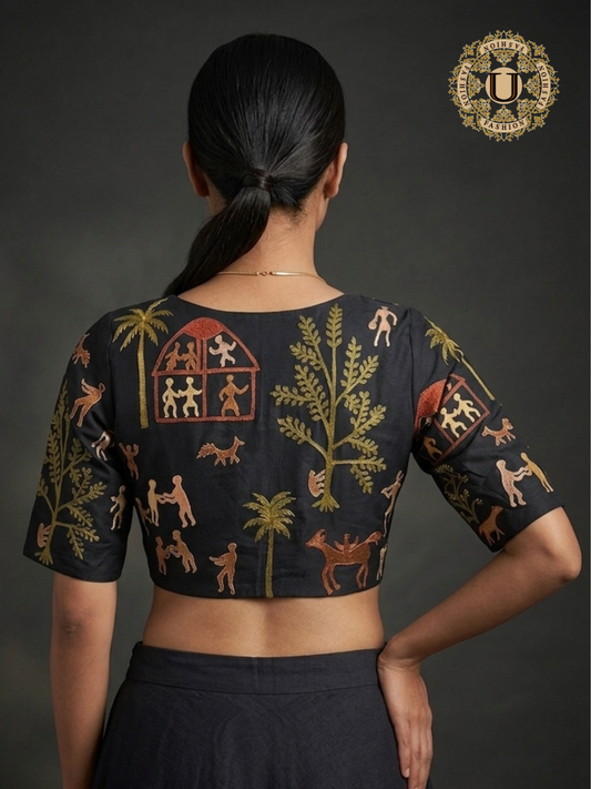 Black Spun Silk Warli Embroidery Designer Blouse