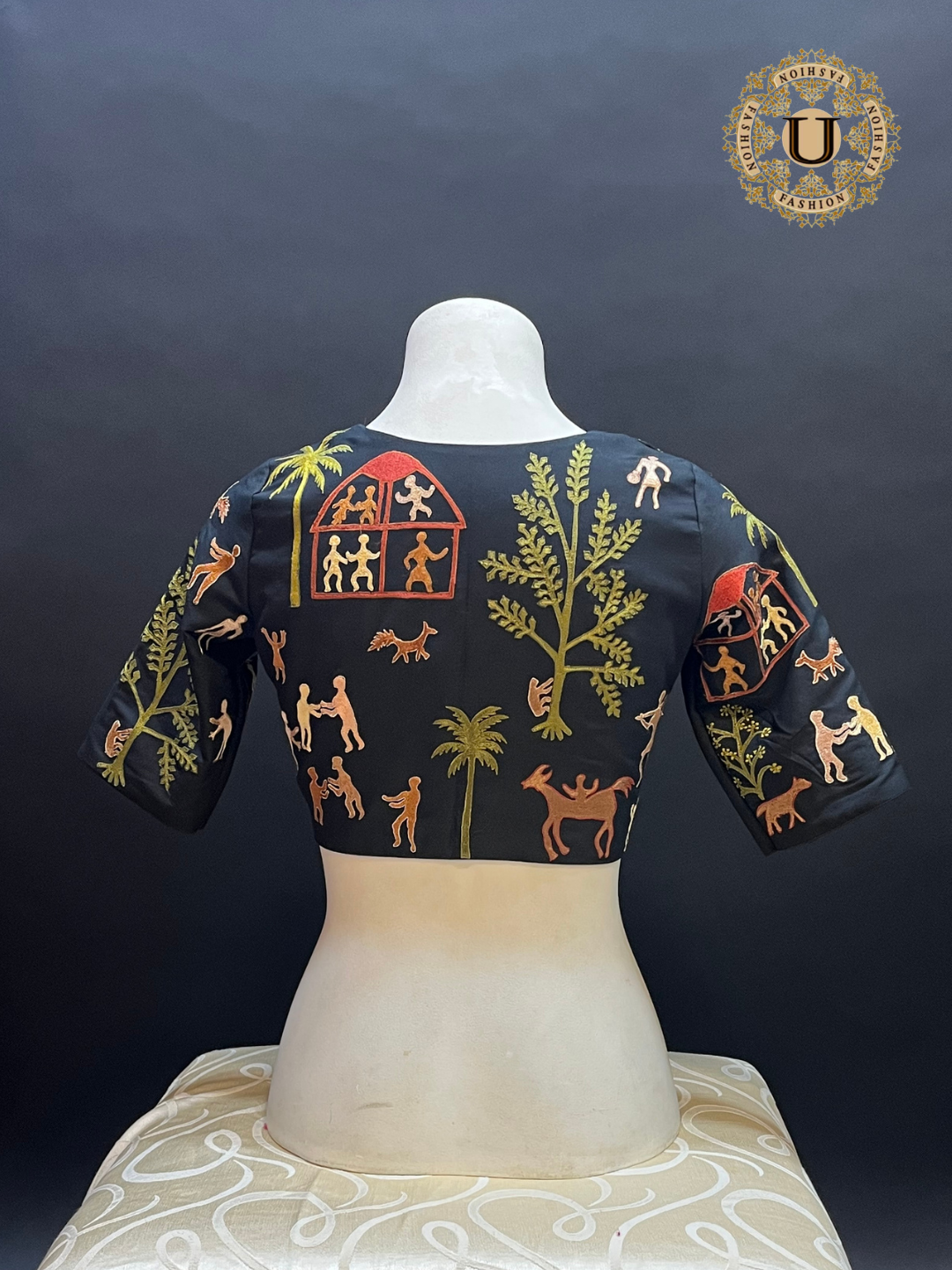 Black Spun Silk Warli Embroidery Designer Blouse