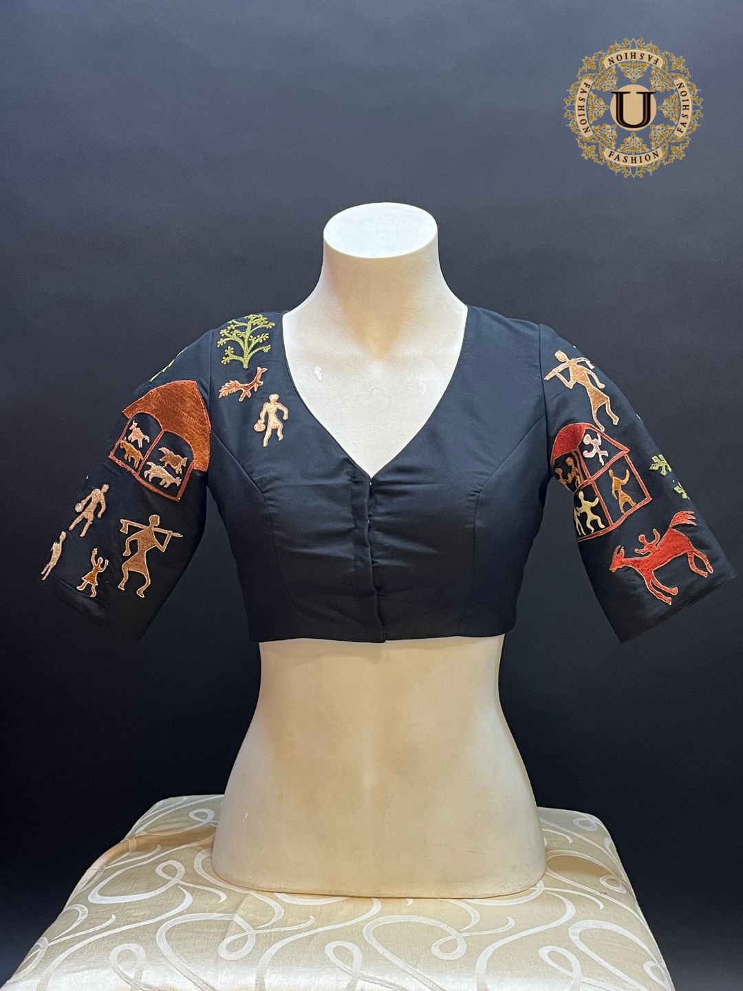 Black Spun Silk Warli Embroidery Designer Blouse