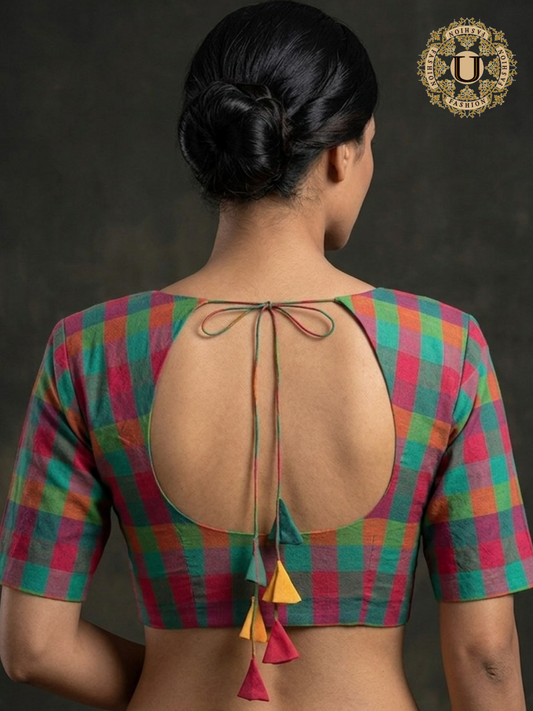 Red & Green Multi Colored Bias Cut Designer Blouse